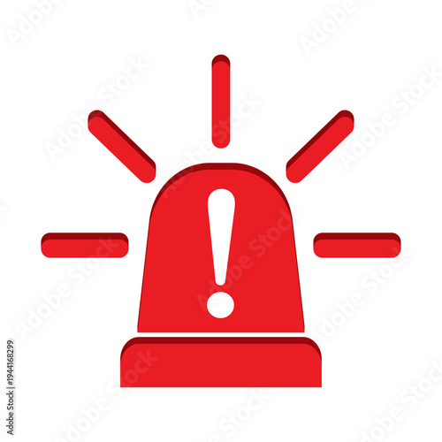 Red 3D Emergency Siren Icon with Exclamation Mark. Flashing Alert Symbol for Warning, Danger and Security Notifications. Isolated Vector Element for Web UI, App Alarms and Hazard Safety Signs.