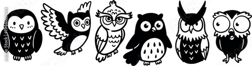 Black and white vector art six different cartoon owls standing and flying side view collection set minimal style