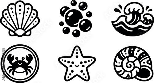 Black and white minimalist vector icons of shell crab bubbles starfish and ocean wave in flat style simple sea animals and water symbols