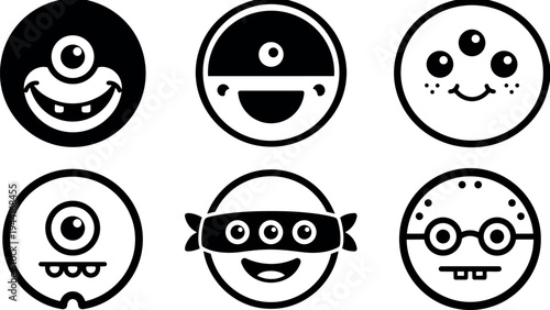 Flat design collection of six round happy cartoon monster faces with various eye numbers smiling and black and white style