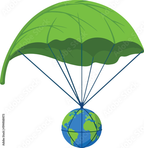 Earth planet falling safely with green leaf parachute saving world from destruction symbolizing environmental protection hope for future