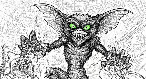 Creepy monster with glowing green eyes and sharp teeth, aggressive fantasy creature in a chaotic mechanical sketch illustration.