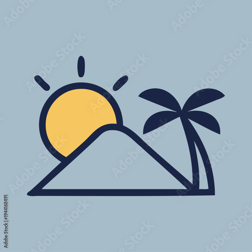 Logo agencia de viajes. Vacaciones de verano. Dibujo sencillo con líneas de un paisaje con la palma, una isla con montaña y sol con relleno color amarillo, con fondo gris
