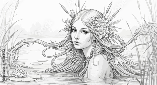 Enchanting Water Spirit with Long Flowing Hair Adorned by Water Lilies in a Serene Pond, Mystical Fantasy Art