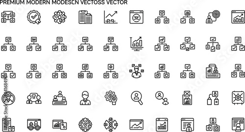 Business workflow and organizational management line icon set with analytics reports team hierarchy project management and corporate operations