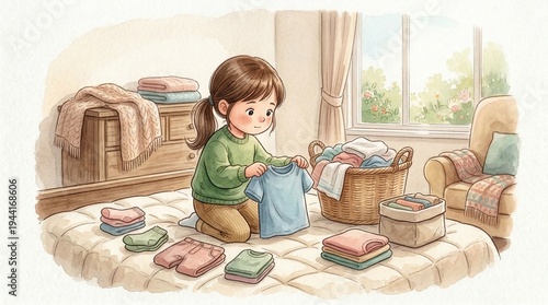 Young girl folding clothes while sitting on bed in sunny room  