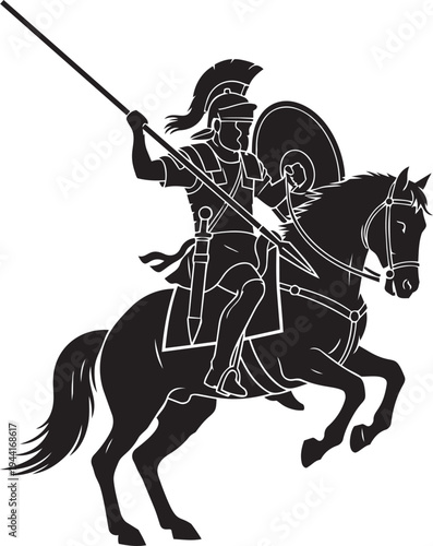 Dynamic illustration of a formidable ancient warrior on a rearing horse, expertly wielding a spear and shield, depicting historical military might and courage