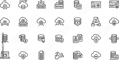 Cloud backup and data security line icon set featuring storage protection recovery database management and cybersecurity