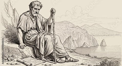 Ancient wise man sitting by a tranquil sea, contemplating on a rugged coastal landscape with mountains and scrolls, historical illustration.