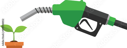 Green gas pump nozzle pouring fuel onto small plant in pot symbolizing impact of fossil fuels on nature and growth