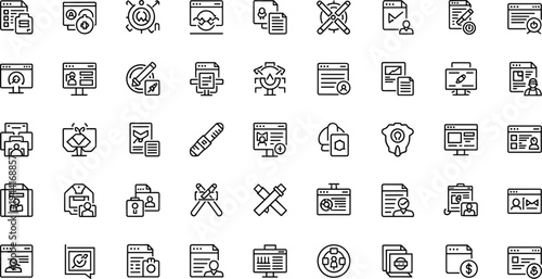 Business workflow and corporate management line icon set featuring analytics dashboards reports collaboration and productivity tools