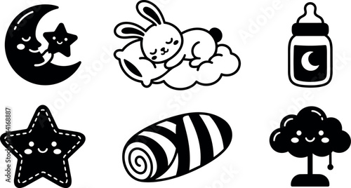 Cute black and white kawaii style sleeping bunny on pillow with moon star bottle happy cloud and striped blanket vector art set