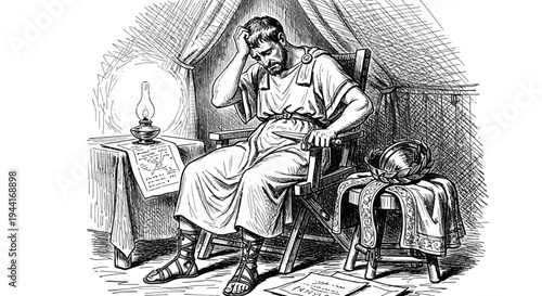 Pensive ancient Roman or Greek man in a tent, deep in thought. Historical engraving of a worried leader or soldier reflecting.