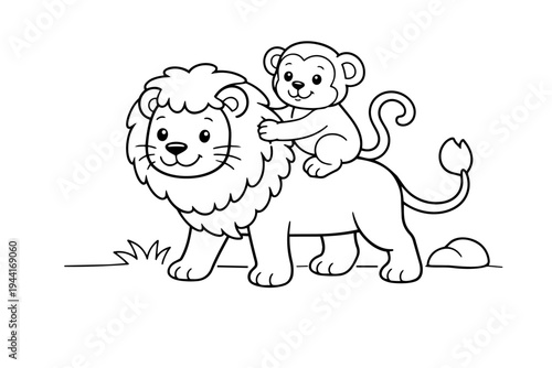 Friendly cartoon lion carrying a small monkey on its back, depicting a sweet bond and teamwork perfect for children's coloring pages and educational materials