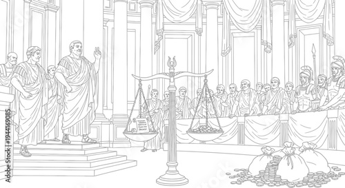 Historical illustration of ancient officials in a classical courtroom, weighing money with scales of justice and legal proceedings.