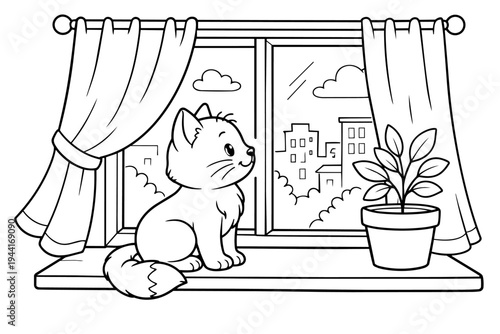 Cute cartoon cat on a windowsill gazing at a city skyline and clouds, flanked by a potted plant and tied-back curtains; black-and-white outline line art for coloring books