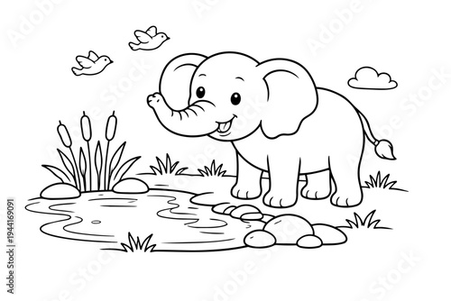 Cartoon elephant standing near a small pond with cattail plants and two birds flying above, providing an outline illustration for kids to learn about wildlife