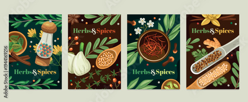 Herbs and Spices Vertical Cards with Garlic Pepper and Culinary Herbs