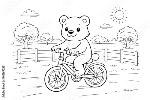 Cute cartoon bear happily riding a bicycle on a country road with trees and sunshine, ready for coloring activity, children's educational book outline artwork