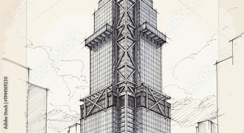 Modern architectural sketch of a tall skyscraper building in an urban cityscape. Hand-drawn design concept or engineering drawing.