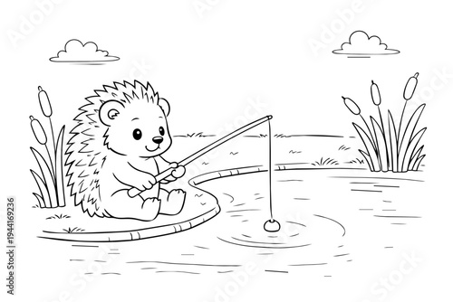 Cute cartoon hedgehog enjoying a peaceful day fishing at a calm pond, with reeds and clouds completing the tranquil outdoor scene, for kids' coloring pages