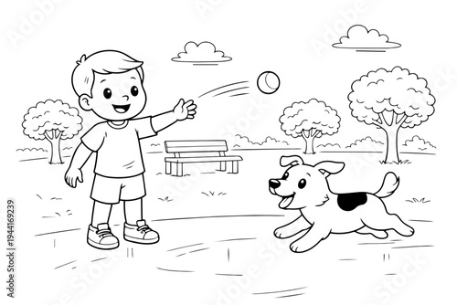 Happy boy playing fetch with a cheerful dog in a park, throwing a ball for a game of activity and friendship, enjoying outdoor fun and companionship on a beautiful day, line art style