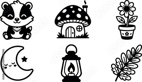 Cute smiling baby skunk sitting next to mushroom house with chimney flower pot crescent moon lantern and twig icons collection