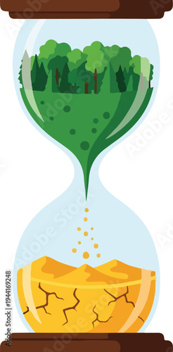 Hourglass with lush green forest transitioning into dry cracked desert sand showing concept of climate change and time