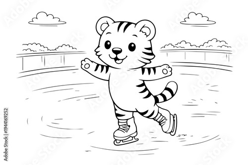 Cute cartoon tiger balancing and smiling while gracefully ice skating on a frozen rink outdoors, creating a playful scene for a children's activity or coloring page