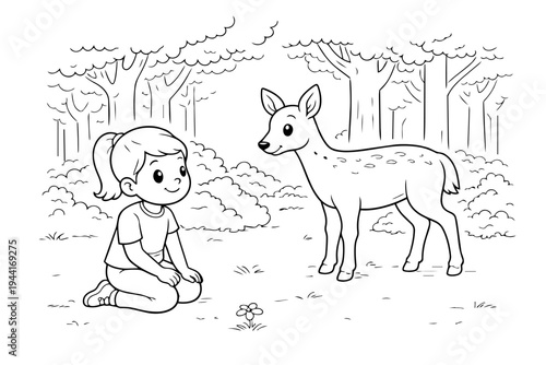 Little girl and young deer meeting in a forest clearing for a sweet moment, depicting nature connection and innocent friendship in a coloring book page style