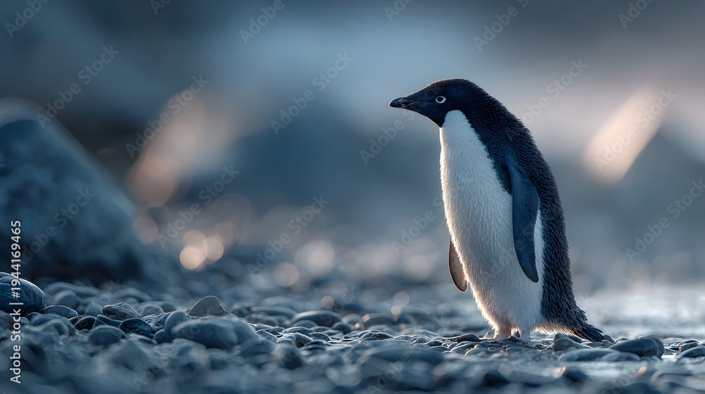 Fototapeta premium Hyper-realistic Adelie penguin proudly stands on a smooth pebble beach in Antarctica as soft arctic sunlight highlights its sleek feathers.