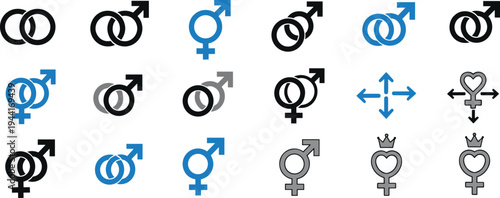 Flavector gender relationship symbols icon set featuring diverse male female LGBTQ variations hearts crowns inclusivity