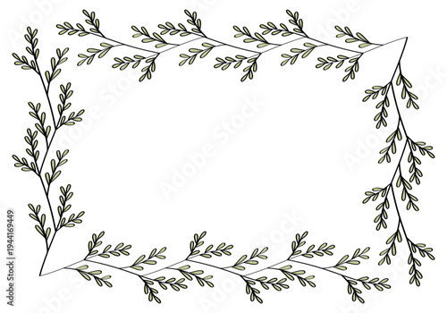 Hand drawn rectangular frame of branches and leaves from bushes and trees. Aesthetic border of evergreen plants. Ideal for decorating and framing flyers, greeting cards, covers, posters, invitations.