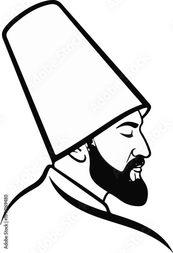 Stylized profile of a man with closed eyes, wearing a tall conical hat and beard
