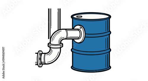 Blue barrel connected to a pipe system, industrial illustration