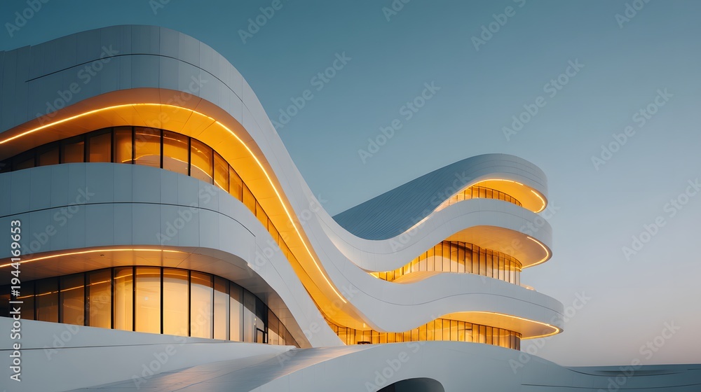 Fototapeta premium Futuristic modern building displays flowing curvy white concrete facades and glowing amber windows against a clear gradient sky at twilight.