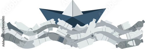 Paper boat sailing through plastic bottle waves highlighting ocean pollution and environmental crisis impact on marine life