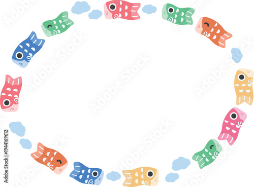 円形に泳ぐ鯉のぼりフレーム 正円ベクター枠素材 こどもの日・端午の節句（背景透過）