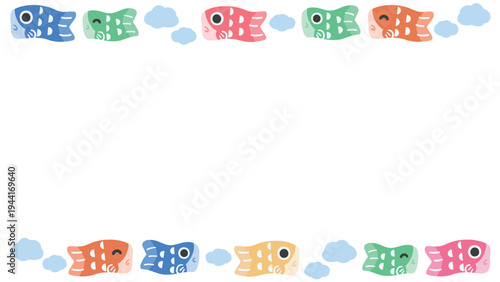 かわいい鯉のぼりのフレーム背景 上下配置の横長ベクター素材 こどもの日・端午の節句（16:9）