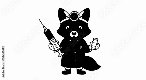 Cartoon fox in doctor's coat holds syringe and medicine vial