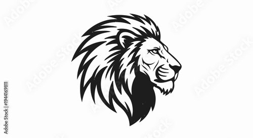 Stylized black and white lion head profile, sharp mane, regal stance