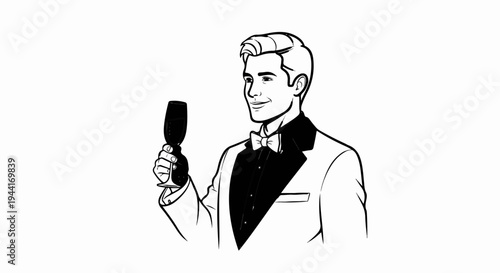 Man in a tuxedo raising a champagne flute