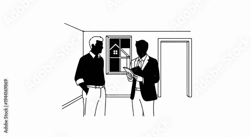 Two men in a room discussing a house sale, one holding a folder