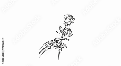 Skeleton hand holds roses, one blooming, one wilting
