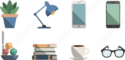 Flat icons of a plant, lamp, two phones, dice, books, coffee, and glasses