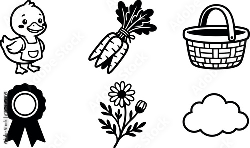 Cute baby duck wearing apron next to fresh carrots handwoven picnic basket and award ribbon with flower and cloud outlines vector art