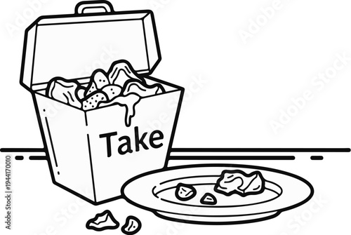 A take-out box overflowing with food, with a plate of food nearby