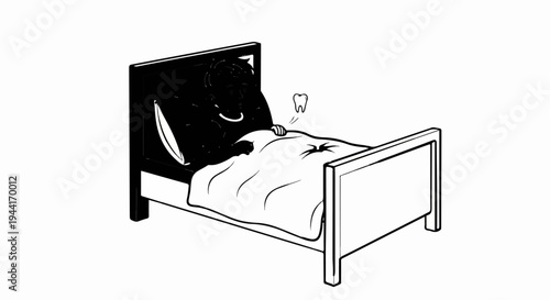 Character in bed, under covers, looks surprised at floating tooth