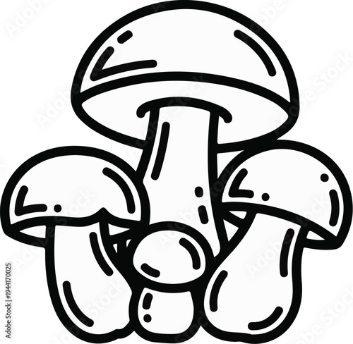 A simple black and white line drawing of a cluster of mushrooms
