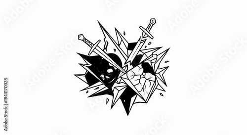 Abstract black and white symbol with crossed swords, skull, and shattered geometric shapes
